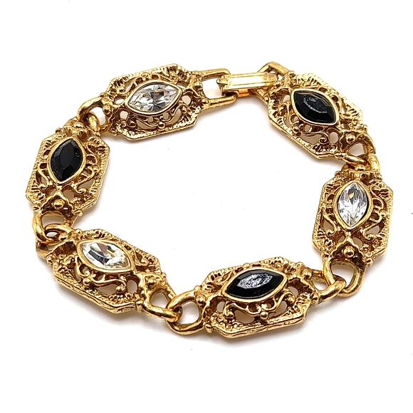 Black Clear Crystal Bracelet, Gold Tone, 1928 Style, 7 1/8 In - Picture 3 of 10